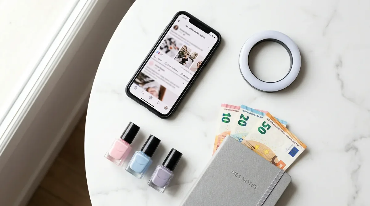 Redaktionelles Flat Lay mit Smartphone, Ringlicht und Pediküre-Zubehör für die Erstellung von Fuß-Content