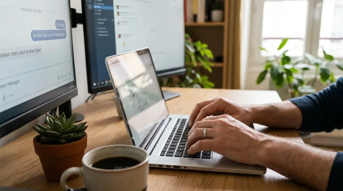 Hände tippen auf einem Laptop, im Hintergrund ein unscharfer Chat-Bildschirm, als Symbol für professionelles Chatting auf OnlyFans