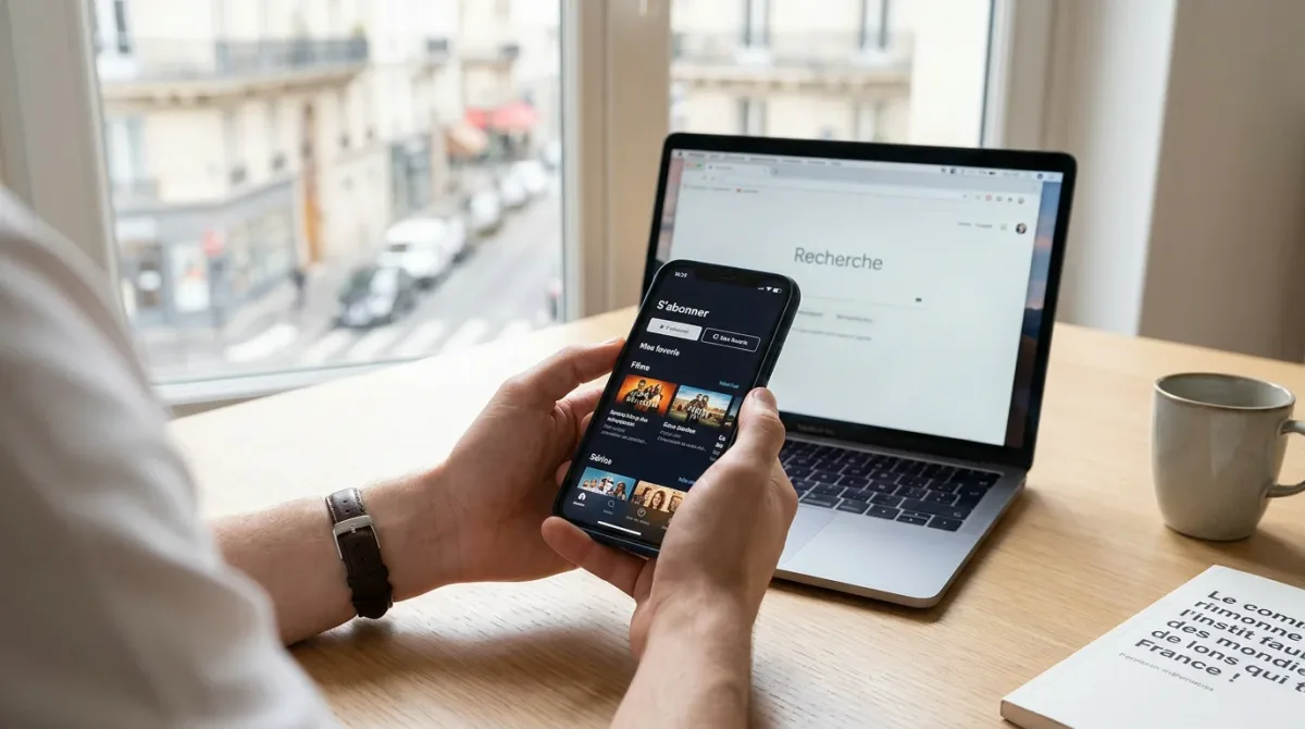 Manos sujetando un smartphone con la interfaz de una plataforma de contenido por suscripción sobre un escritorio profesional